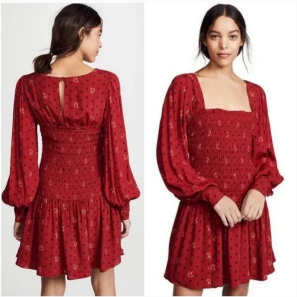 FREE PEOPLE "Ruby Combo" Flowy Red Shirred Mini Dress NWT Sz S
